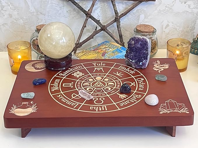 Altar Table, Meditation Table, Small Altar Table, Wooden Witch Altar, Wiccan Alter Table, Buddhist Shrine, Engraved The Wheel of The Year on Table Top, 12 × 8 inches
