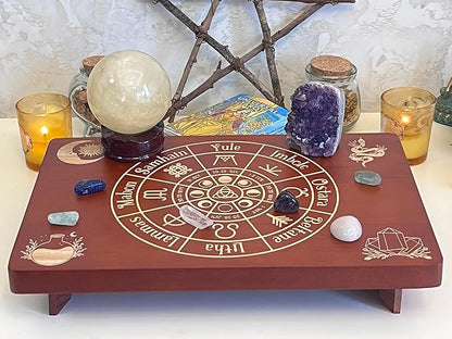 Altar Table, Meditation Table, Small Altar Table, Wooden Witch Altar, Wiccan Alter Table, Buddhist Shrine, Engraved The Wheel of The Year on Table Top, 12 × 8 inches