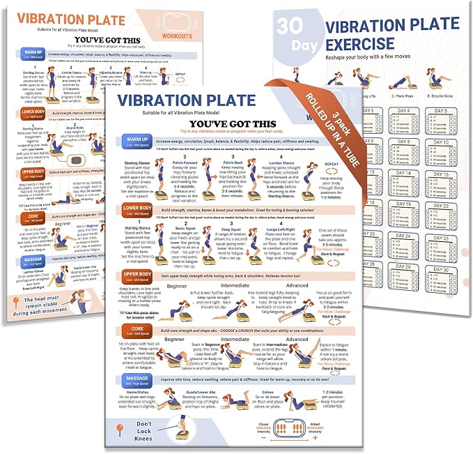 Whole Body Vibration Plate Exercise Poster, Fitness Workout Guide with 30 day Training Chart