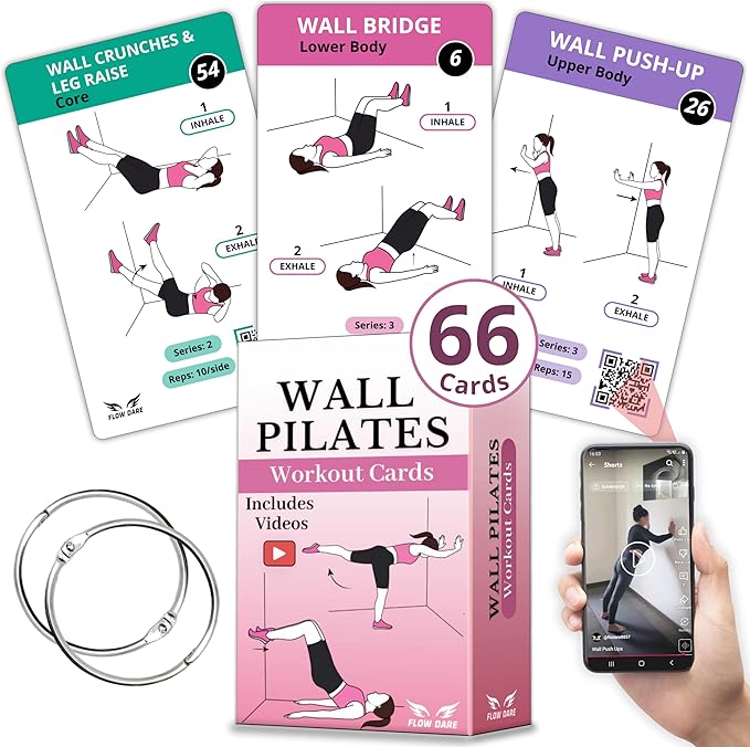 Wall Pilates Workouts for Women – 66 Exercise Cards with Videos & Workout Plan – Includes 5-Week Challenge, E-book, Chart & 2 Rings for Easy Organization – Home Pilates Workout Guide
