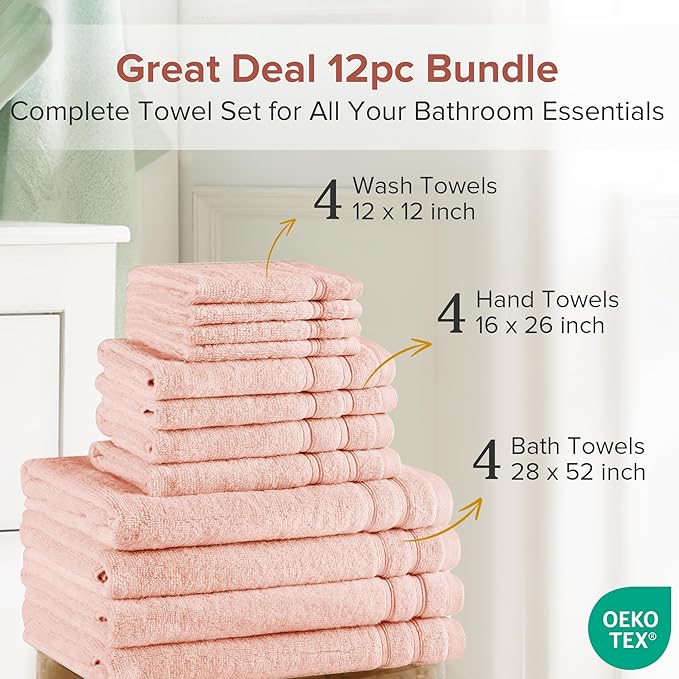 Comfort Spaces Towel Set for Bathroom 12 Piece Luxury Bath Towel Set 4 Hand Towel for Bathroom 4 Washcloth 4 Large Bath Pink Towel Sets 100% Cotton Quick Dry Towel Zero Twist Soft Lightweight Blush