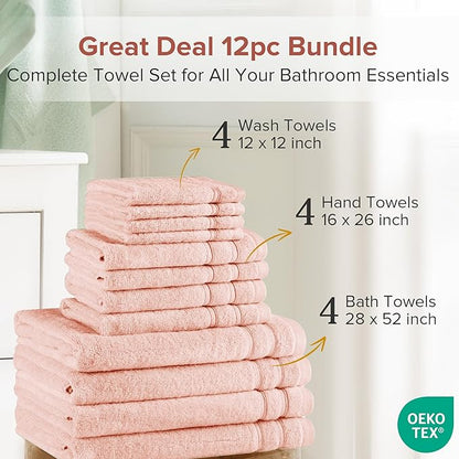 Comfort Spaces Towel Set for Bathroom 12 Piece Luxury Bath Towel Set 4 Hand Towel for Bathroom 4 Washcloth 4 Large Bath Pink Towel Sets 100% Cotton Quick Dry Towel Zero Twist Soft Lightweight Blush