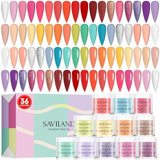 Saviland Acrylic Powder Set Starter - 36 Colors Clear Red Acrylic Powder for Nails Rose Set Spring Summer Easy to Use Polymer System for Nail Extension Nail Carving DIY Nail Art No Need Nail Lamp