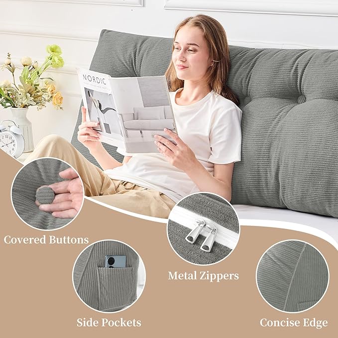 Sasttie Headboard Pillow King, Wedge Pillow Headboard for Sitting Up in Bed, Back-Rest Support Triangular Cushion for Reading - Features Removable Washable Cover, Light Grey
