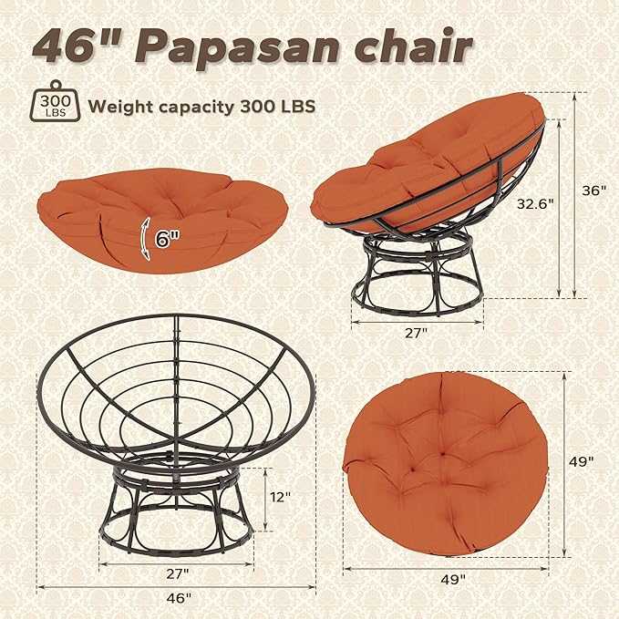 46'' Large Size Papasan Chair with Cushion and Frame, Round Lazy Chair for Living Room and Bedroom, Orange