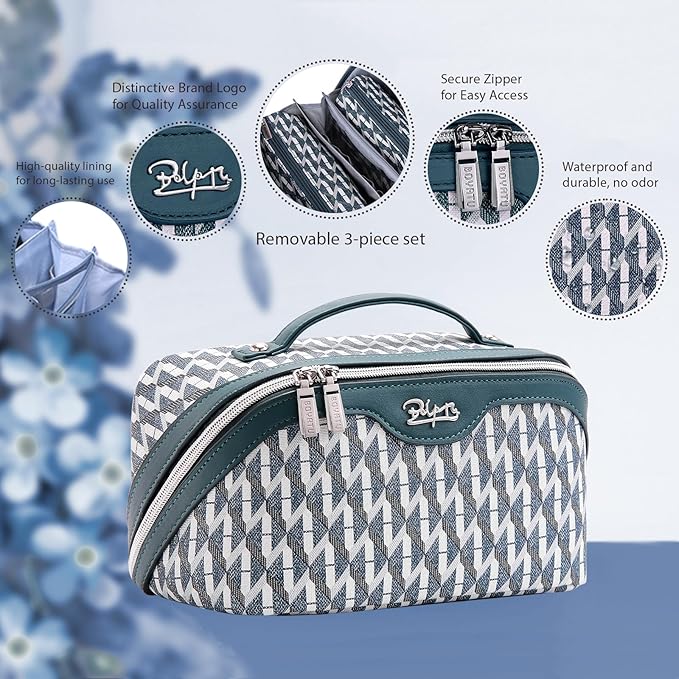 BOYATU Travel Makeup Bags for Women: Large Capacity Cosmetic Bag Set of 3 - Vegan Leather Make up Bags with Compartments - Wide Open Waterproof Toiletry Organizer Bag with Handle (E-01-Royal blue)