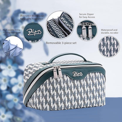 BOYATU Travel Makeup Bags for Women: Large Capacity Cosmetic Bag Set of 3 - Vegan Leather Make up Bags with Compartments - Wide Open Waterproof Toiletry Organizer Bag with Handle (E-01-Royal blue)