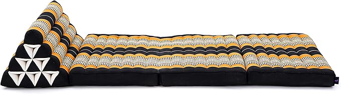 Leewadee Comfortable Japanese Floor Mattress - Thai Floor Bed with Triangle Cushion - Futon Mattress - XL Extra Wide Thai Massage Mat, 67 x 31 inches, Black Orange, Kapok Filling
