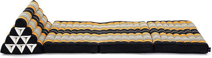 Leewadee Comfortable Japanese Floor Mattress - Thai Floor Bed with Triangle Cushion - Futon Mattress - XL Extra Wide Thai Massage Mat, 67 x 31 inches, Black Orange, Kapok Filling