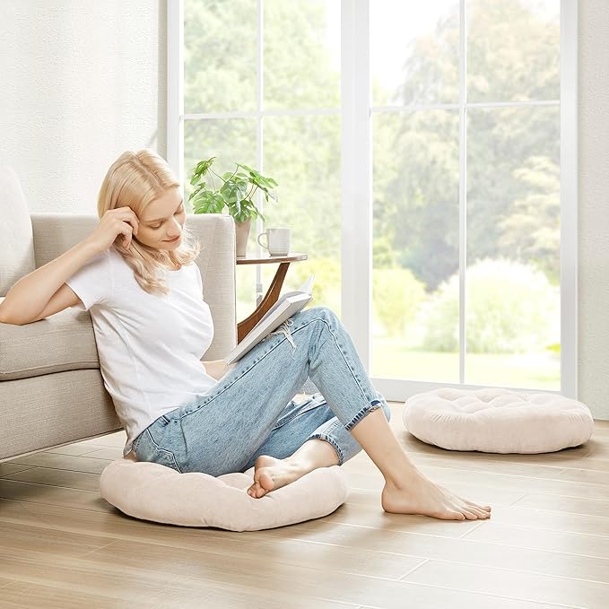 Meditation Floor Pillow Set of 2, Round Large Pillows Seating for Adults, Tufted Corduroy Cushion for Living Room Tatami, Beige 22 Inch
