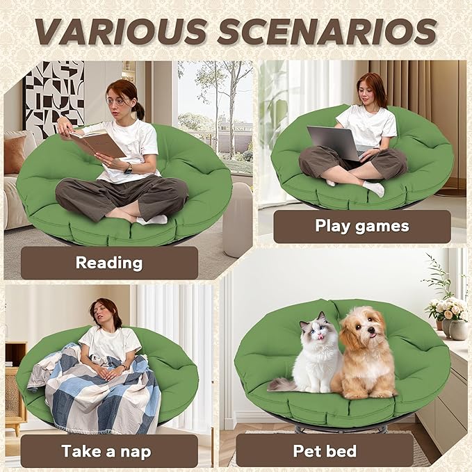 46'' Large Size Papasan Chair with Cushion and Frame, Lazy Chair for Living Room and Bedroom, Green