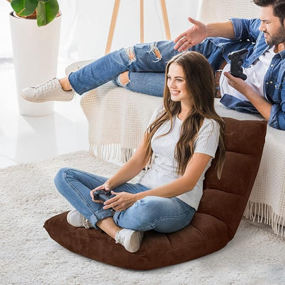 Moccha 14-Position Floor Chair, Folding Sofa Chair with Back Support, Memory Foam Floor Gaming Chairs for Adults, Adjustable Padded Couch Recliner Sleeper Bed for Reading, Meditating, Brown