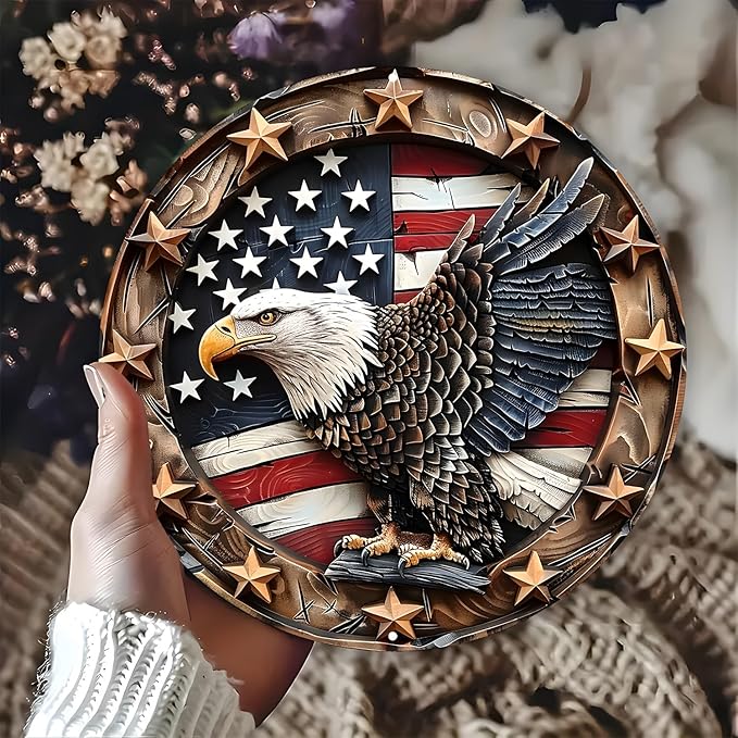 Eagle Wings Patriotic Aluminum Metal Wall Art - Weatherproof Round American Flag with Bald Eagle Decor, Pre-Drilled HD Print Sign for Home, Garage, Bar, Cafe - 8-Inch Diameter