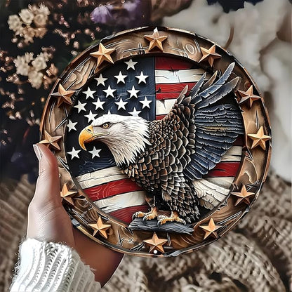 Eagle Wings Patriotic Aluminum Metal Wall Art - Weatherproof Round American Flag with Bald Eagle Decor, Pre-Drilled HD Print Sign for Home, Garage, Bar, Cafe - 8-Inch Diameter