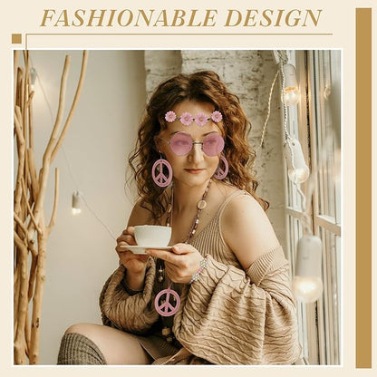 Batiyeer 6 Pcs Hippie Costume Accessories Set, Boho Peace Sign Daisy Flower 60s 70s Party Favors Decor for Groovy Party Women