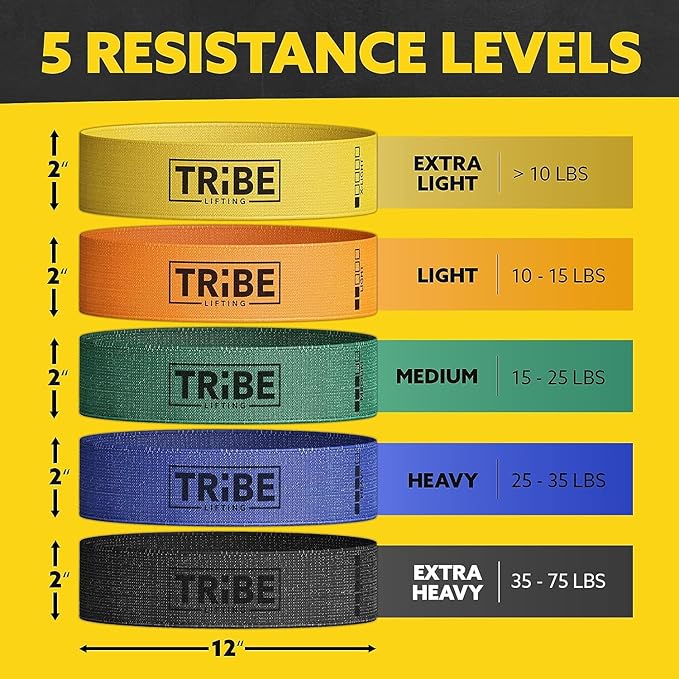 Tribe Lifting Fabric Resistance Bands for Glutes & Legs | 5 Fabric Workout Bands Set | Thick Booty Bands for Squats, Lunges, Hip Training, Physical Therapy & Home Workouts