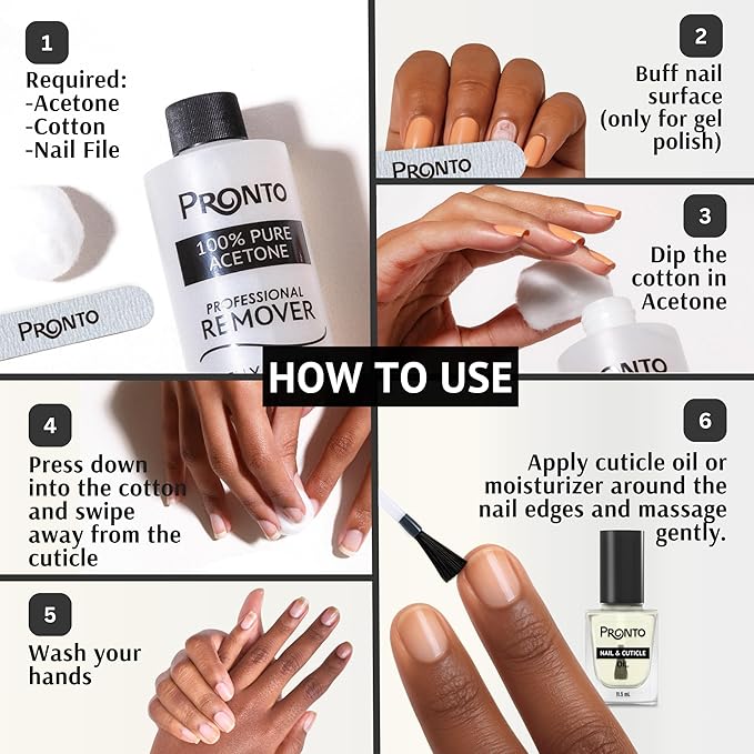 Pronto 8 Oz 100% Pure Acetone Nail Polish Remover and Cuticle Oil, Pure Acetone for All Nail Polish Types including Gel, Acrylic & Sculptured Nails, Gel Nail Polish Remover and Nail Repair, Duo Pack
