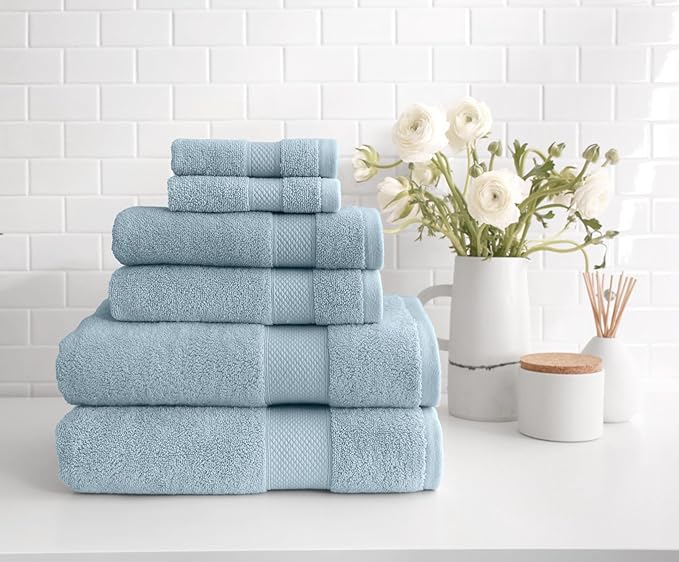Peacock Alley Diamond 6 Piece Towel Set - Luxurious 100% Long-Staple Turkish Cotton - Soft, Absorbent & Fast Drying, Glacier