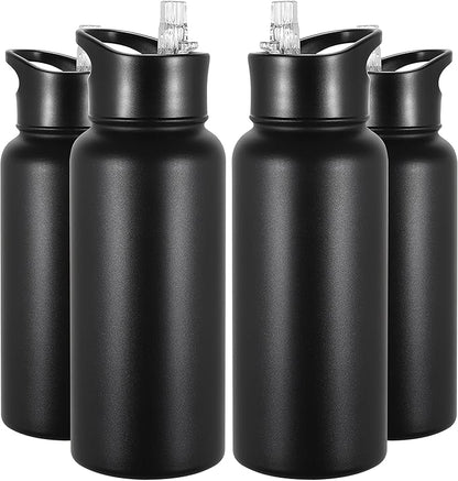 VEGOND 32 oz Insulated Water Bottle Bulk Stainless Steel Metal Water Bottles with Leak Proof Straw Lid & Spout Lid, Wide Mouth Double Walled Vacuum Travel Sports Bottle, 4 Pack