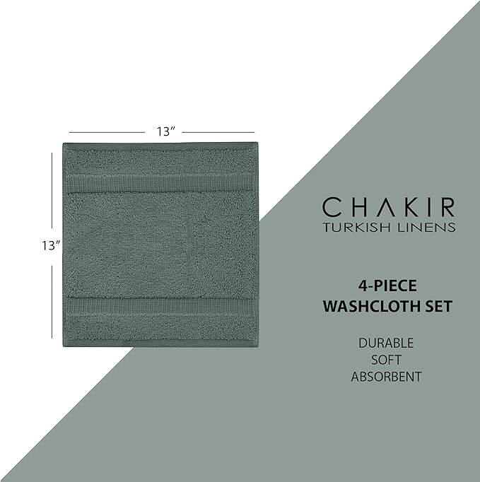 Chakir Turkish Linens | Hotel & Spa Quality 100% Cotton Premium Turkish Towels | Soft & Absorbent (4-Piece Washcloths, Dark Gray)