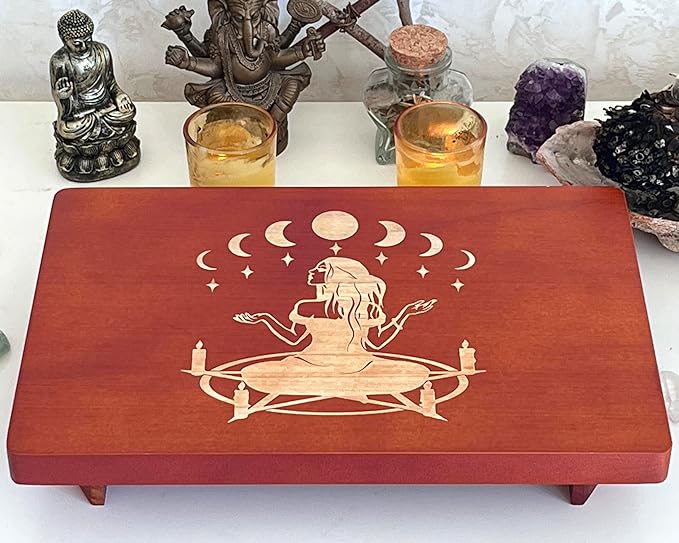 Altar Table, Meditation Table, Small Altar Table, Wooden Witch Altar, Wiccan Alter Table, Buddhist Shrine, Engraved Witch Pentacle with Surrounding Candles on Table Top, 12 × 8 inches