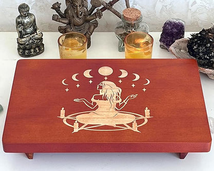 Altar Table, Meditation Table, Small Altar Table, Wooden Witch Altar, Wiccan Alter Table, Buddhist Shrine, Engraved Witch Pentacle with Surrounding Candles on Table Top, 12 × 8 inches