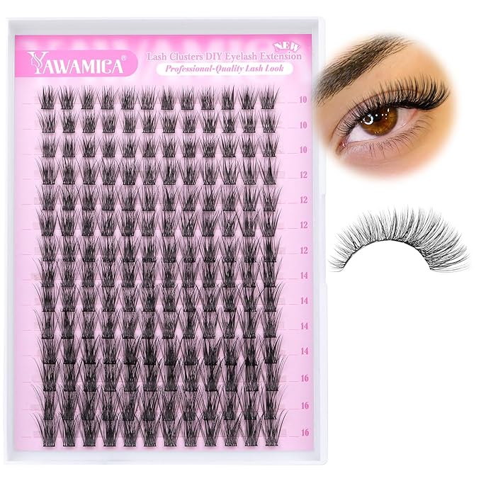 Yawamica Natural Lash Clusters DIY Cluster Eyelash Extensions 10-16mm Wispy Eyelash Clusters C Curly Individual Lashes 168 pcs Soft Cluster Lashes with Thin Lash Band DIY Lash for Self Application