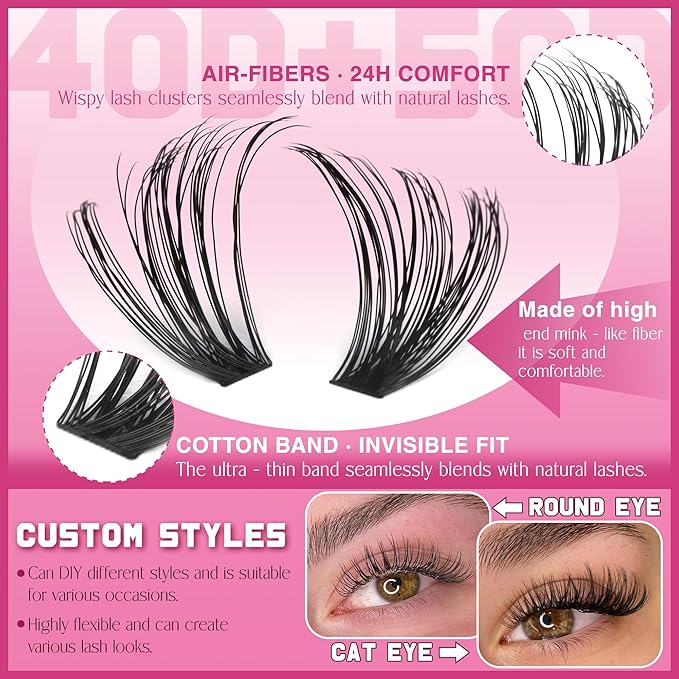 Cluster Lashes 240 pcs Wispy Lash Clusters D Natural Eyelashes Extensions 14-16mm Mix 40D+50D Individual Lashes with Lash Bond and Seal Tweezers Thin Band Eyelashes Cluster for DIY Lash Extension