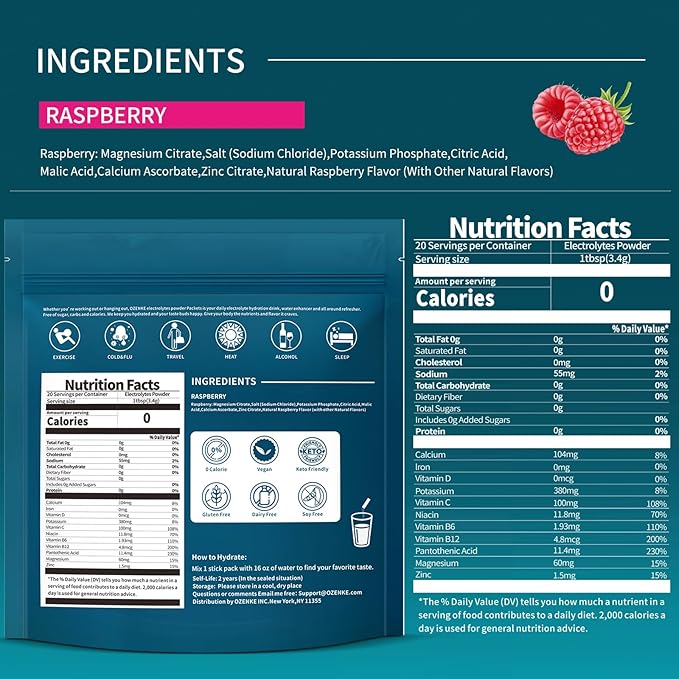 Electrolytes Powder Packets, Hydration Packets, Electrolytes Sugar Free, Portable Electrolyte Drink Mix for Rapid Hydration, No Sugar & Low Sodium | 0 Calorie | Raspberry Flavor | 20 Sticks