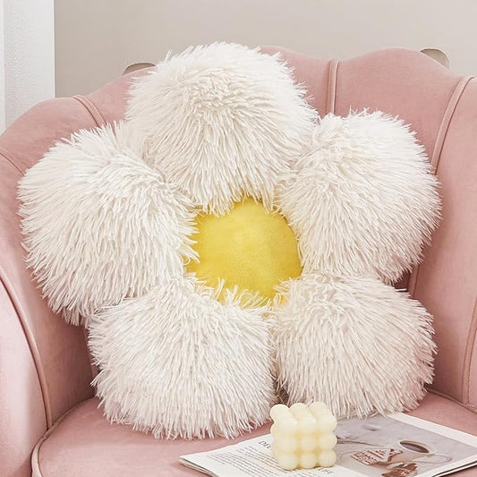 MorroMorn Flower Pillow Shaped Throw Pillows, 20" Floor Pillow Butt Cushion - Fluffy Shaggy Daisy Floral Decorative Pillows for Bed Couch Sofa Chair Cute Plush Faux Fur Room Decor (White)