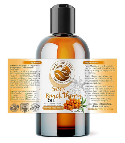 Bella Terra Oils - Organic Sea Buckthorn Oil 8oz - Cold-Pressed Treasure, Bursting with Omega-3 & Omega-6, A Radiant Glow in Every Bottle