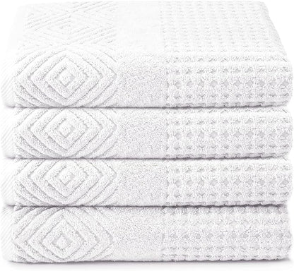 Texere 100% Organic Cotton Diamond Jacquard 700 GSM Luxury Bath Towel Sets - Ultra Soft and Absorbent Hotel and Spa Quality (Diamond, Bright White, 4 Bath Towels)