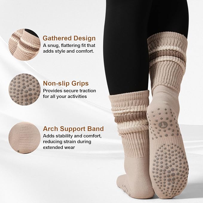 Grip Pilates Slouch Socks for Women, Non Slip Scrunch Yoga Barre, Grippy Slouchy Knee High Boot Socks for Hospital