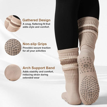 Grip Pilates Slouch Socks for Women, Non Slip Scrunch Yoga Barre, Grippy Slouchy Knee High Boot Socks for Hospital