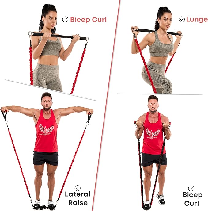 Resistance Band Bar for Fitness - Workout for Exercise, Squat, Biceps, Triceps, Shoulders, Back - Adjustable 3 Parts for Resistance Bands - Durable Portable Steel Pilates Bar