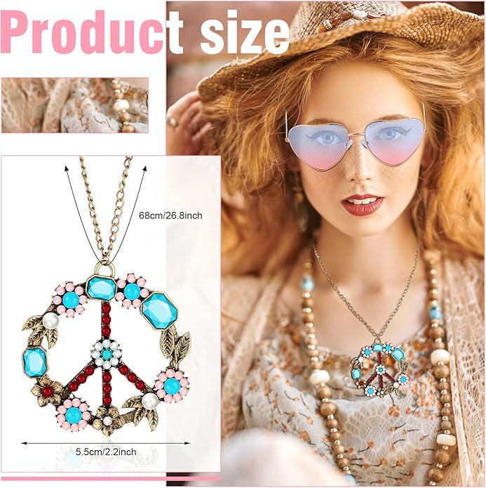 4 Pcs Hippie Costume Accessories Set 70s Peace Sign 60s Outfits for Women Necklace Daisy Earrings Flower Headband Sunglasses