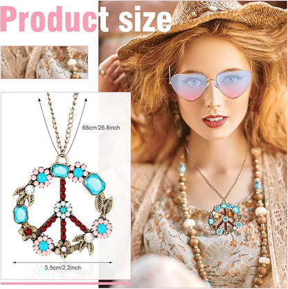 4 Pcs Hippie Costume Accessories Set 70s Peace Sign 60s Outfits for Women Necklace Daisy Earrings Flower Headband Sunglasses