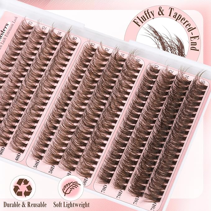 Yawamica Brown Lash Clusters Kit Fluffy Eyelash Extension Kit 40D 50D 70D Volume Eyelash Clusters 10-16mm Individual Lashes D Curly Cluster Lashes DIY Lash Extension Kit with Bond and Seal Tweezers