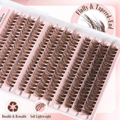 Yawamica Brown Lash Clusters Kit Fluffy Eyelash Extension Kit 40D 50D 70D Volume Eyelash Clusters 10-16mm Individual Lashes D Curly Cluster Lashes DIY Lash Extension Kit with Bond and Seal Tweezers
