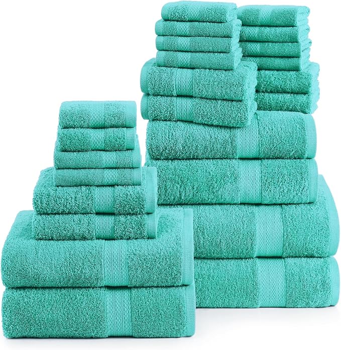 LANE LINEN 100% Luxury Cotton Towel for Bathroom - 24 Pcs - Ringspun, Quick Dry, Ultra Soft & Absorbent - 2 Bath Sheet, 4 Bath Towels, 6 Hand Towel, 8 Washcloth, 4 Fingertip - Fade Resistant - Teal