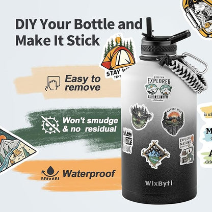 One Gallon Water Bottle Insulated, Triple Wall Vacuum Cold for 48 Hrs & Leak-proof & Non-BPA, 128oz Large Sports Stainless Steel Water Jug with Paracord Handle Straw Spout Lids & DIY Stickers