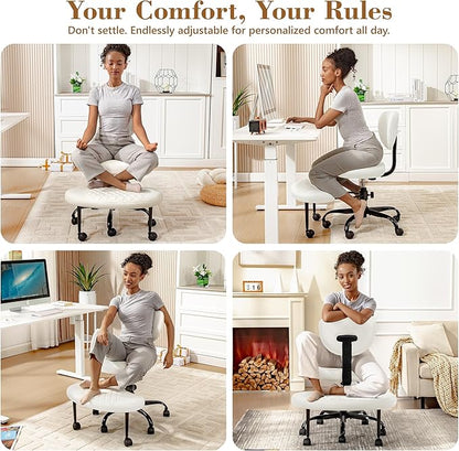 Ergonomic Cross Legged Office Chair with Wheels - Adjustable Height for Meditation, ADHD Desk & Yoga - Wide Criss Cross Design with Lumbar Support, Kneeling Chair - White