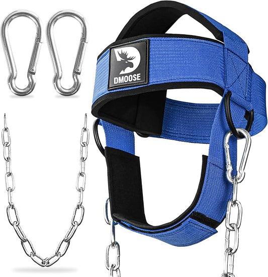 DMoose Fitness Neck Harness for Weight Lifting - Soft Padded Head & Chin Strap with 30" Heavy Duty Steel Chain - Neck Exerciser, Trainer & Strengthener to Support Injury Recovery and Intense Workouts