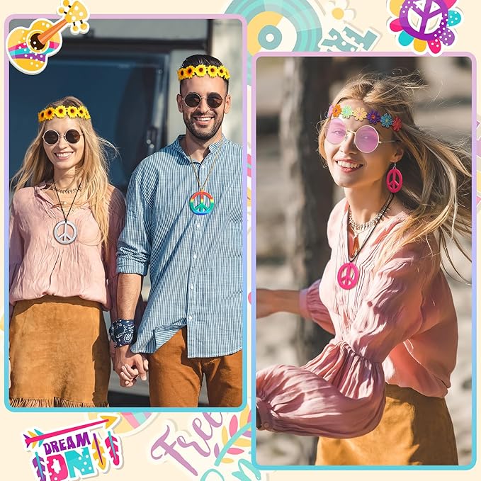 Remuuly 16 Pcs Hippie Costume Accessories for Women 60s 70s Accessory Set Includes Headband Hippie Sunglasses Peace Sign Earrings and Necklace Jewelry Outfits Men Women Costume Party Supplies