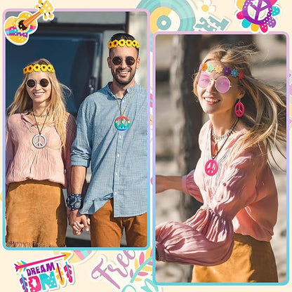 Remuuly 16 Pcs Hippie Costume Accessories for Women 60s 70s Accessory Set Includes Headband Hippie Sunglasses Peace Sign Earrings and Necklace Jewelry Outfits Men Women Costume Party Supplies