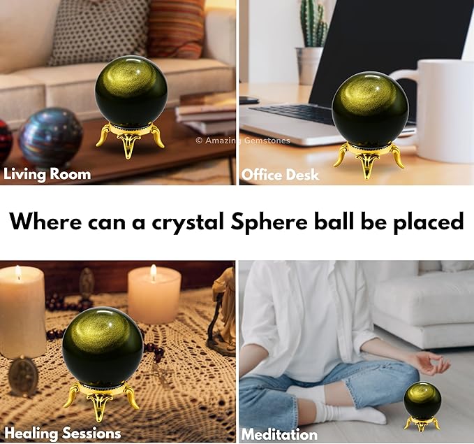 Amazing Gemstone Golden Sheen Obsidian Crystal Ball with Stand - 2 Inches Crystal Sphere Meditation Balls for Witchcraft and Decorative Balls