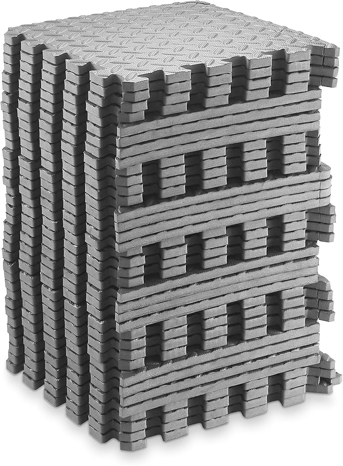 Philosophy Gym Pack of 36 Exercise Flooring Mats - 12 x 12 Inch Foam Rubber Interlocking Puzzle Floor Tiles - Gray