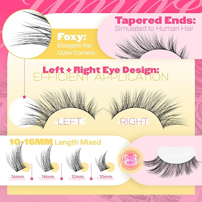 Cat Eye Natural Lash Clusters Wispy Eyelash Clusters 10-16MM Cluster Eyelash Extensions Left Right DIY Lash Extension Soft D-Curly Fox Eye Lashes Clusters 132Pcs Anime Individual Lashes