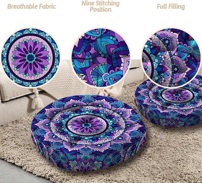Mandala Meditation Cushion, Boho Meditation Mat, Meditation Pillows for Sitting on Floor, Cushions for Sitting in Home and Outdoor, Round Floor Pillows Cushion Seating for Yoga 22'' X 22''