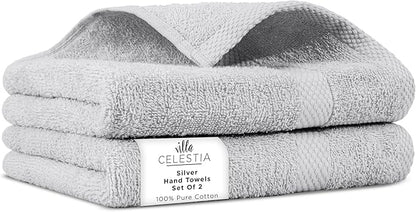 100% Cotton Hand Towel Set of 2, (16 x 28 inches) Sustainable, Soft, Highly Absorbent, Quick Drying, Combed Cotton Hand Towels Pack of 2 Ideal for Hotels, Spa, Bathroom, Dorm, Silver